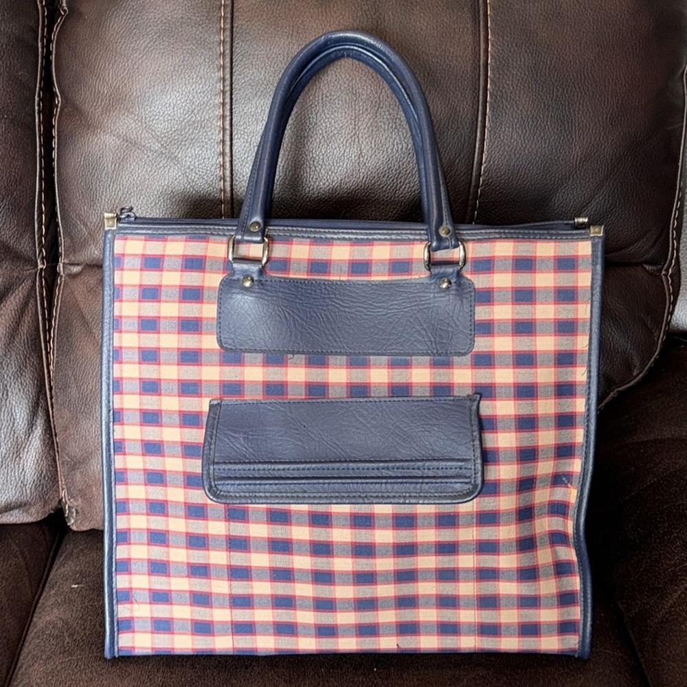 Vintage classic navy red and tan plaid large tote bag with leather trim preppy